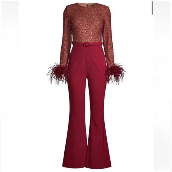 Lavish Alice Myla Beaded Sequin Feather Trim Jumpsuit Size NWT